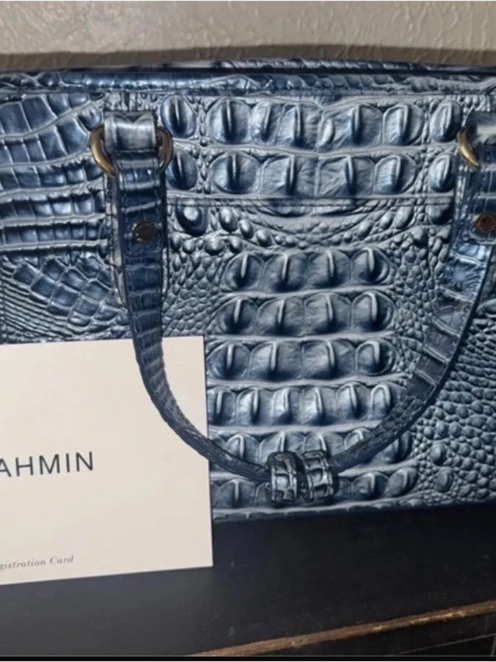 Brahmin Navy Croc-Embossed Leather Tote with Gold Charm